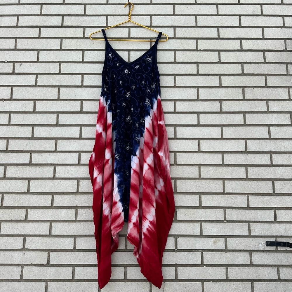 Shoreline Americana Tie Dye Harem Jumpsuit Rayon Wide Leg Pockets L/XL Patriotic